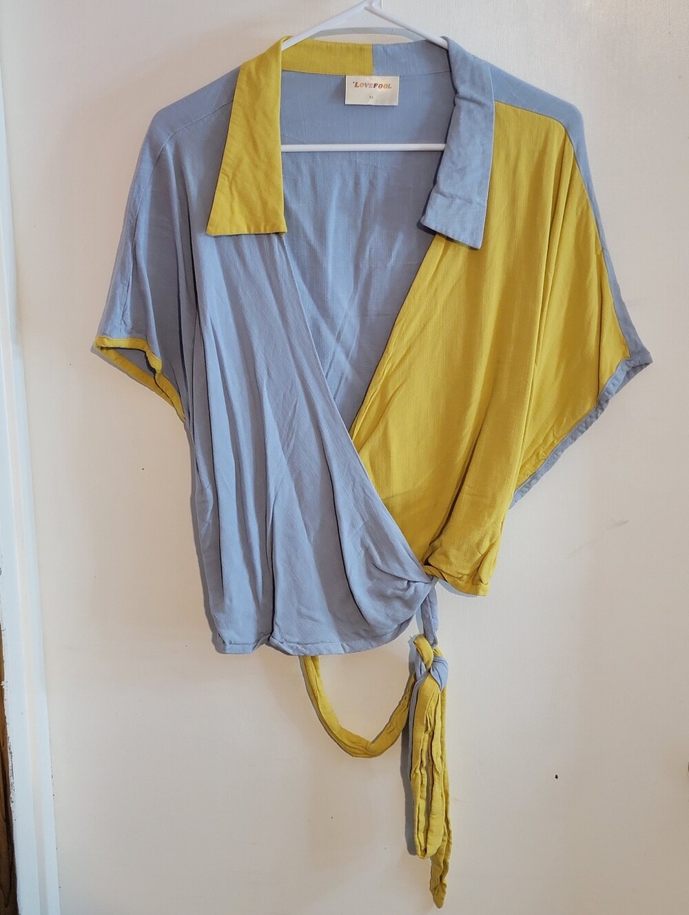 Two-Tone Wrap Crop Top in Light Blue and Mustard